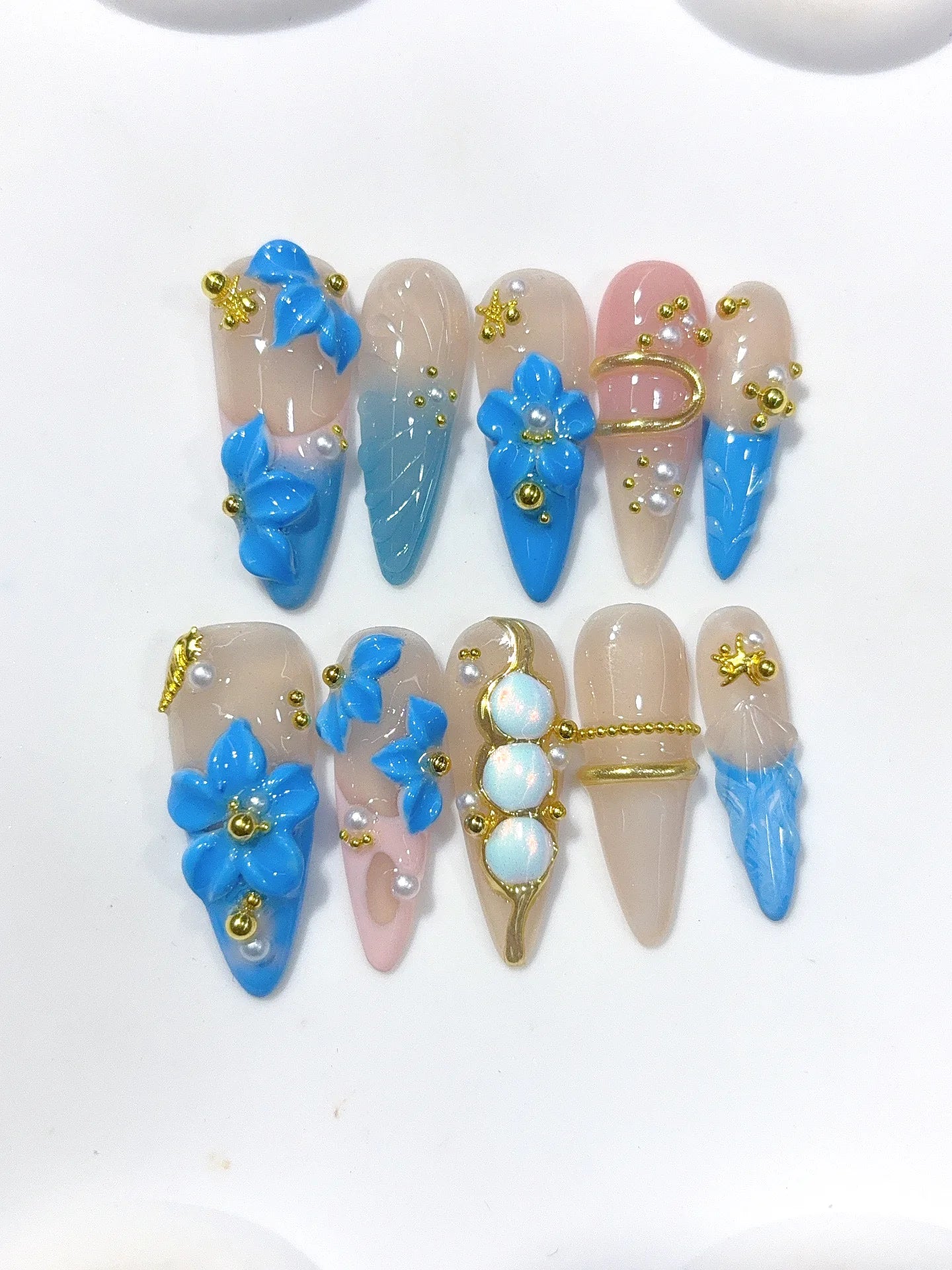 K053 - Long Nude Blue Stiletto Ombre French Rhinestone Flowers - view 6