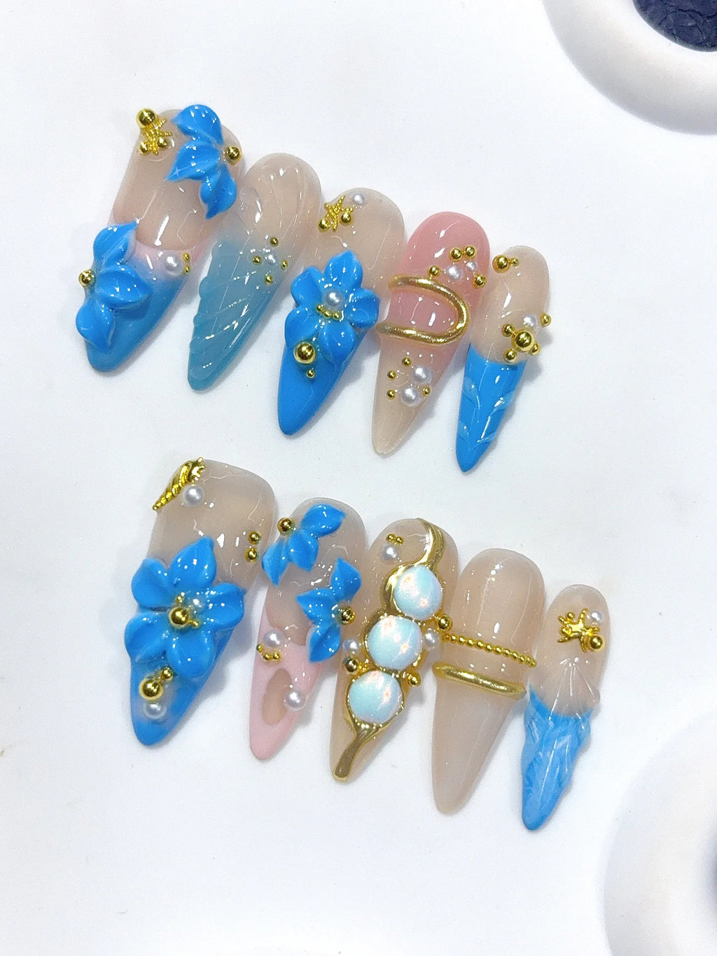 K053 - Long Nude Blue Stiletto Ombre French Rhinestone Flowers - view 7