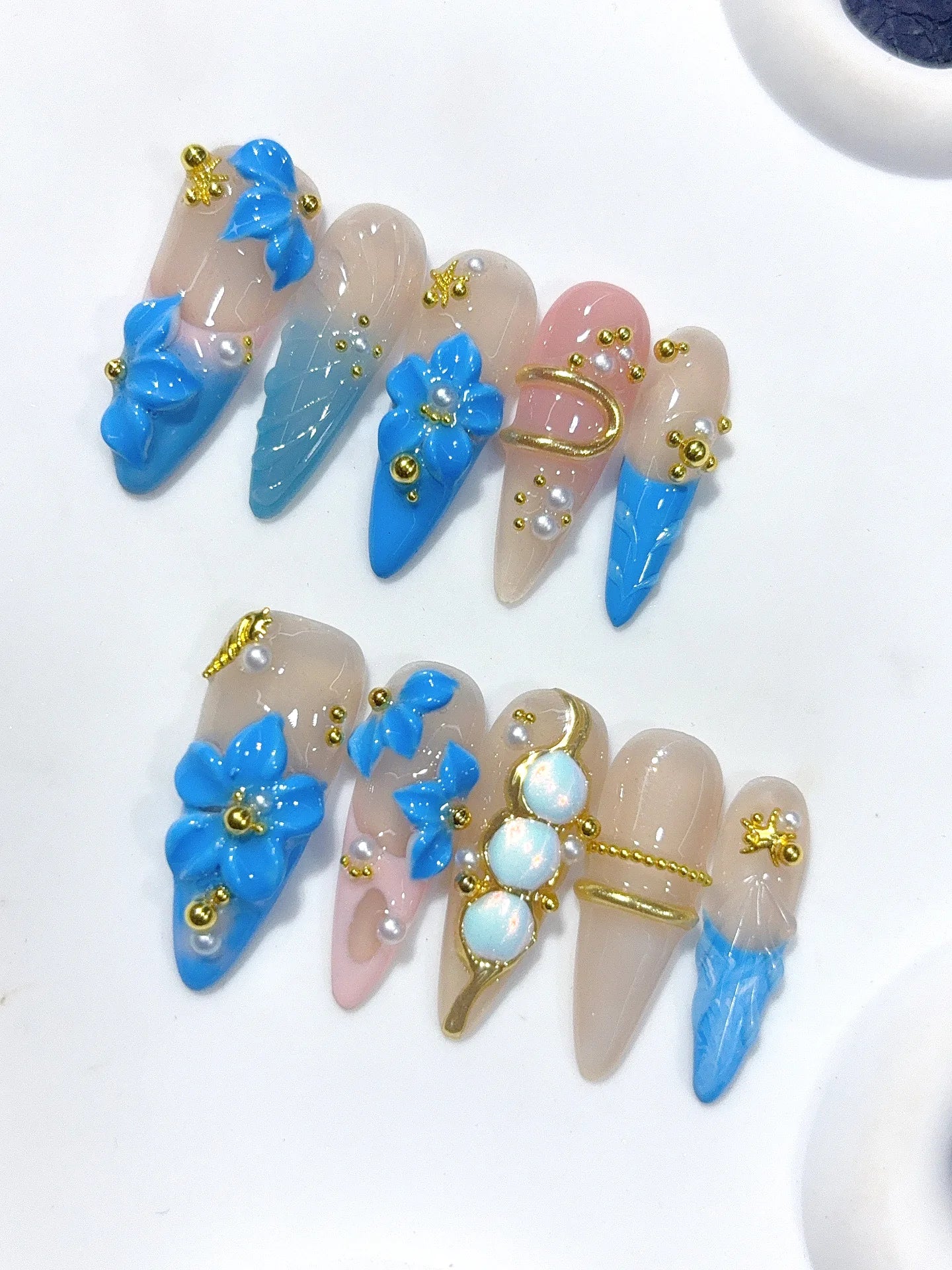 K053 - Long Nude Blue Stiletto Ombre French Rhinestone Flowers - view 7