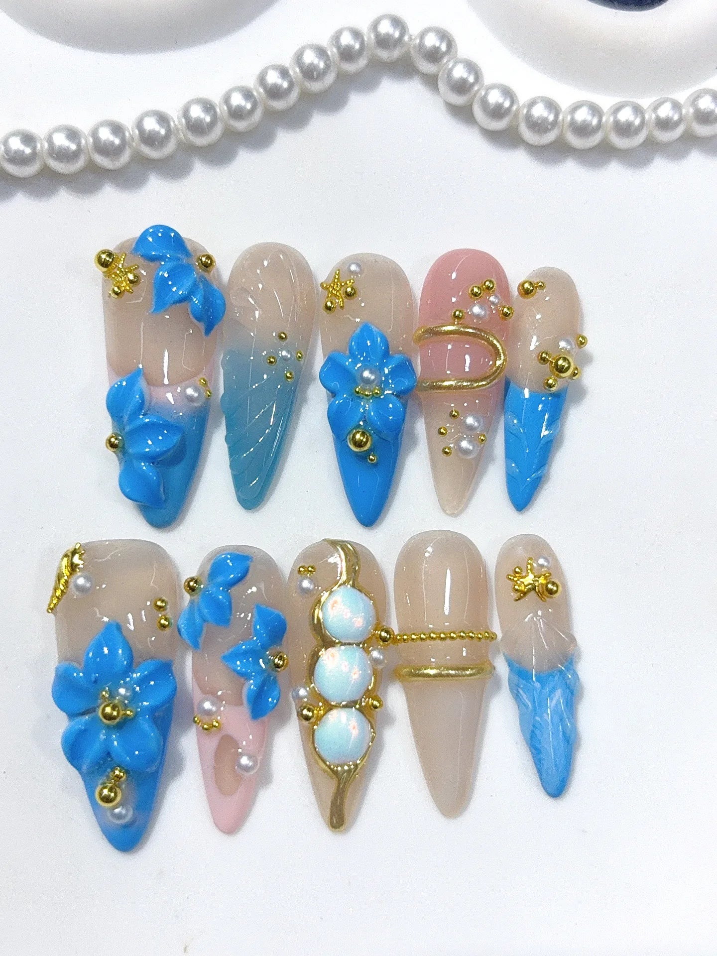 K053 - Long Nude Blue Stiletto Ombre French Rhinestone Flowers - view 3