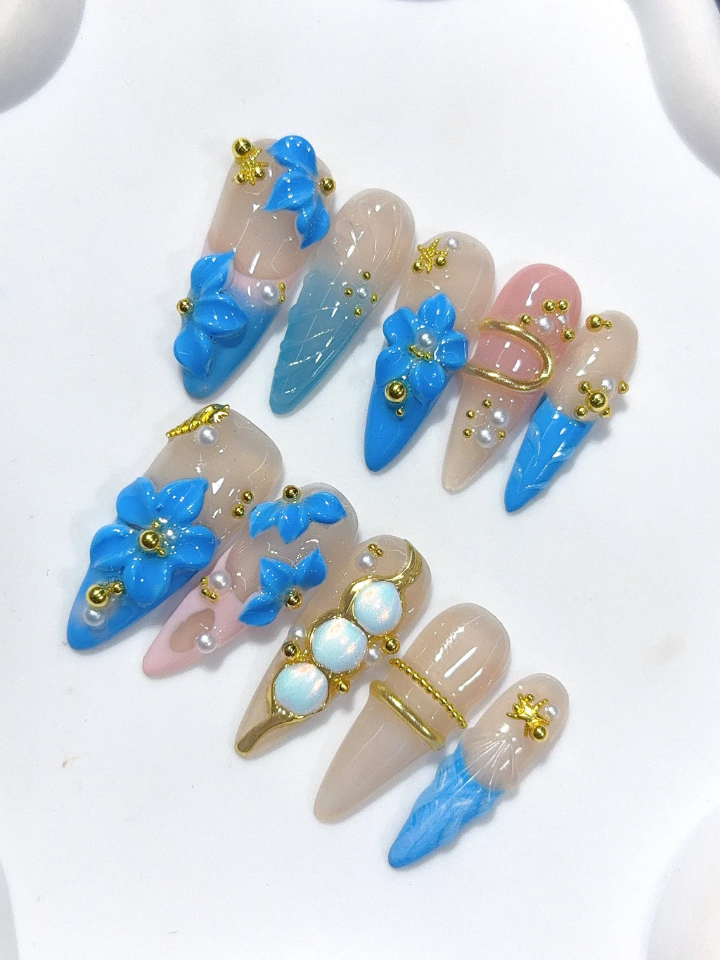 K053 - Long Nude Blue Stiletto Ombre French Rhinestone Flowers - view 1