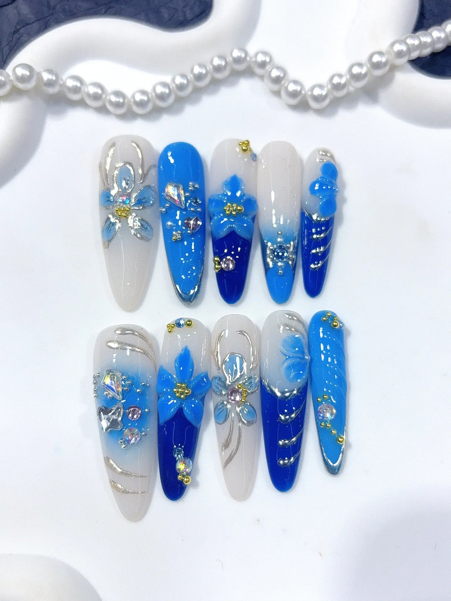 K054 - Long Blue Silver Oval Hand Painted Line 3D Flowers - view 4