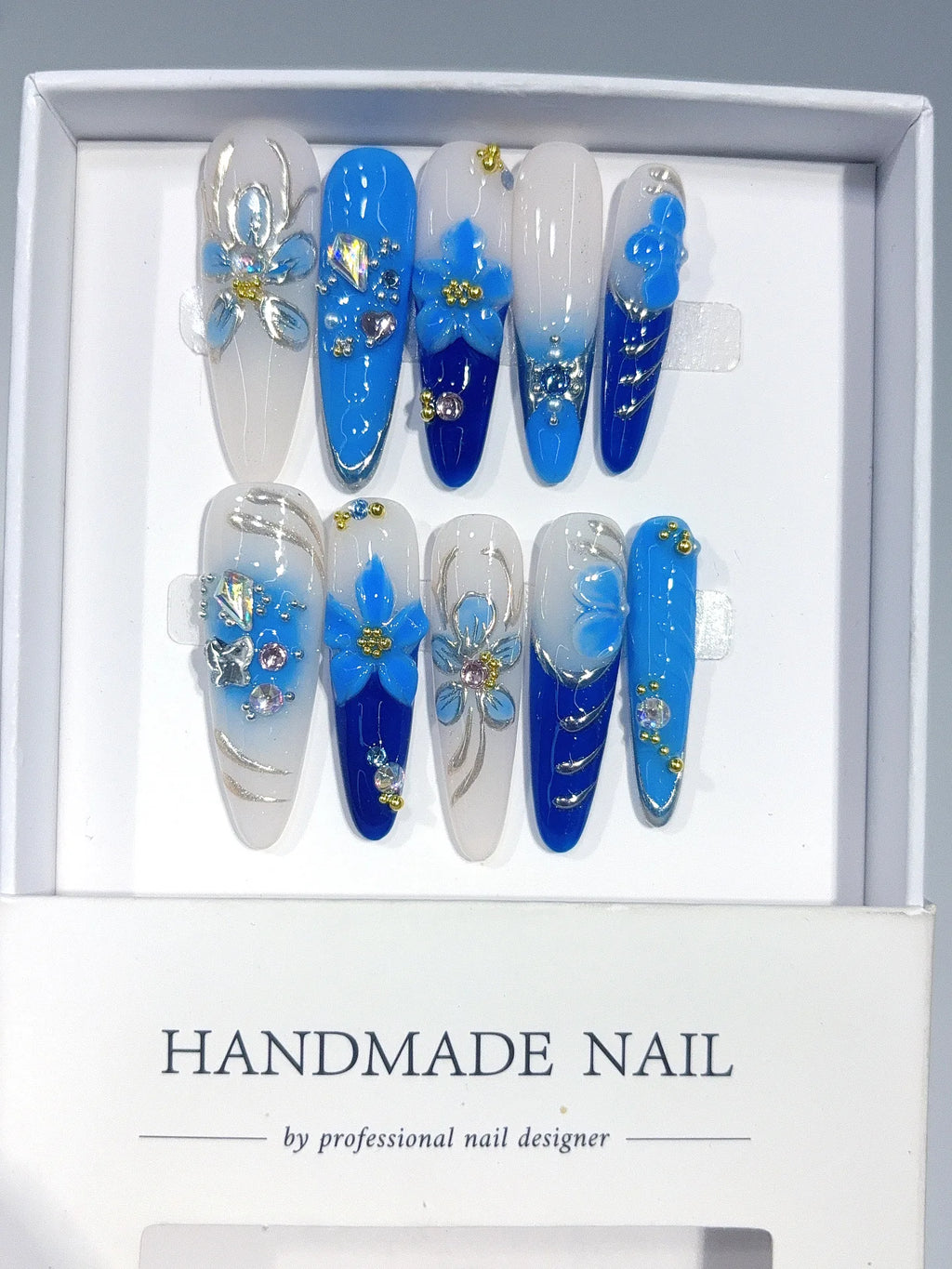 K054 - Long Blue Silver Oval Hand Painted Line 3D Flowers - view 2