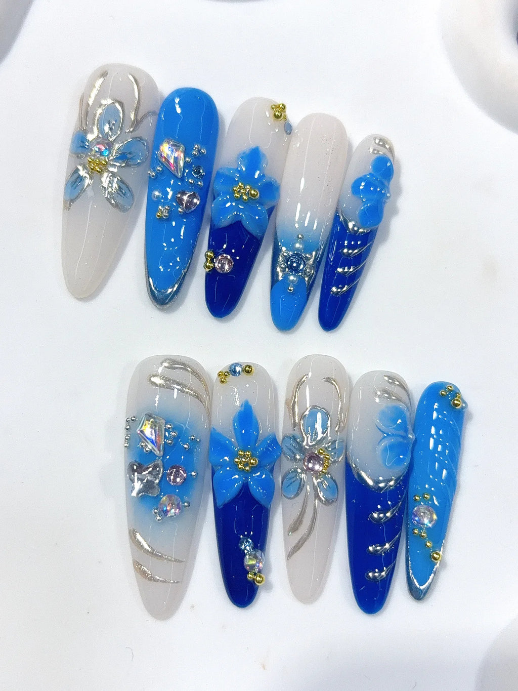 K054 - Long Blue Silver Oval Hand Painted Line 3D Flowers - view 6