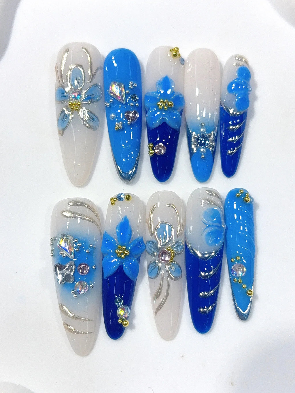 K054 - Long Blue Silver Oval Hand Painted Line 3D Flowers - view 7