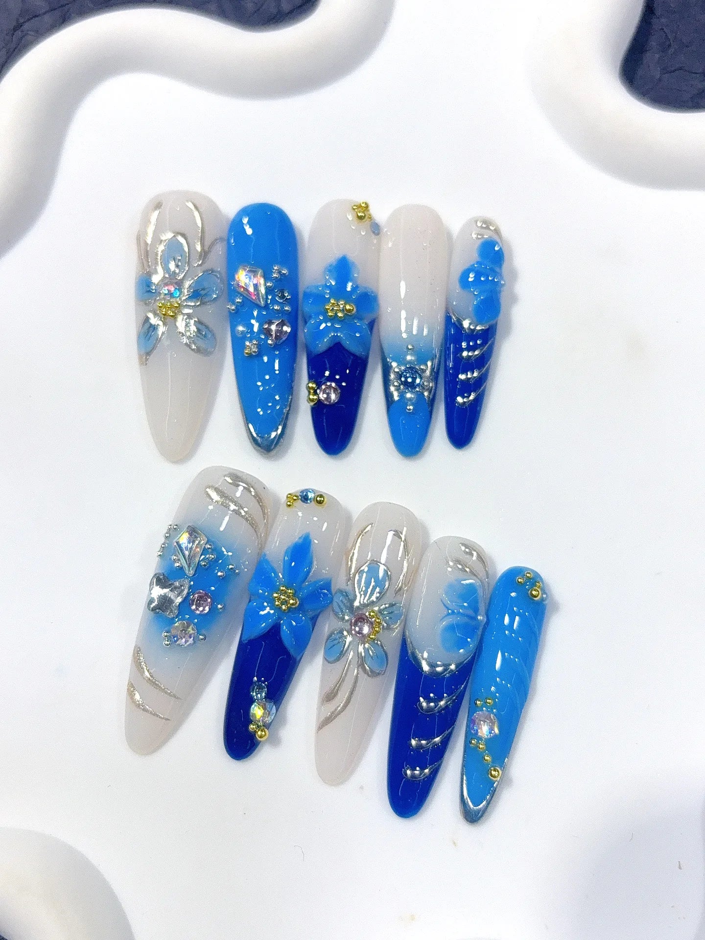 K054 - Long Blue Silver Oval Hand Painted Line 3D Flowers - view 3