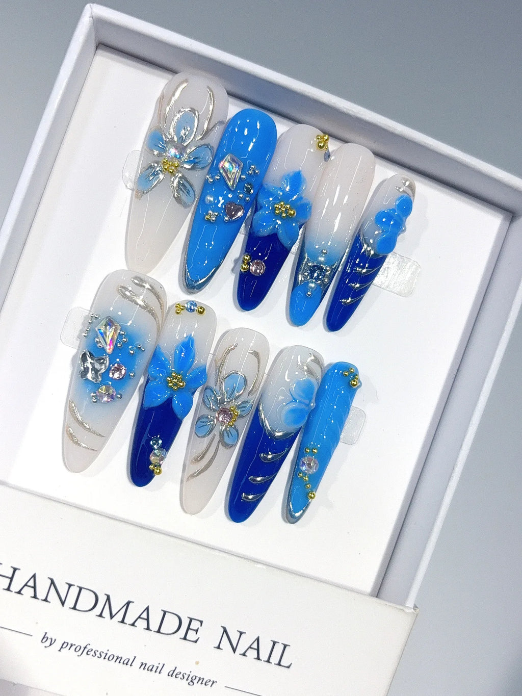 K054 - Long Blue Silver Oval Hand Painted Line 3D Flowers - view 1