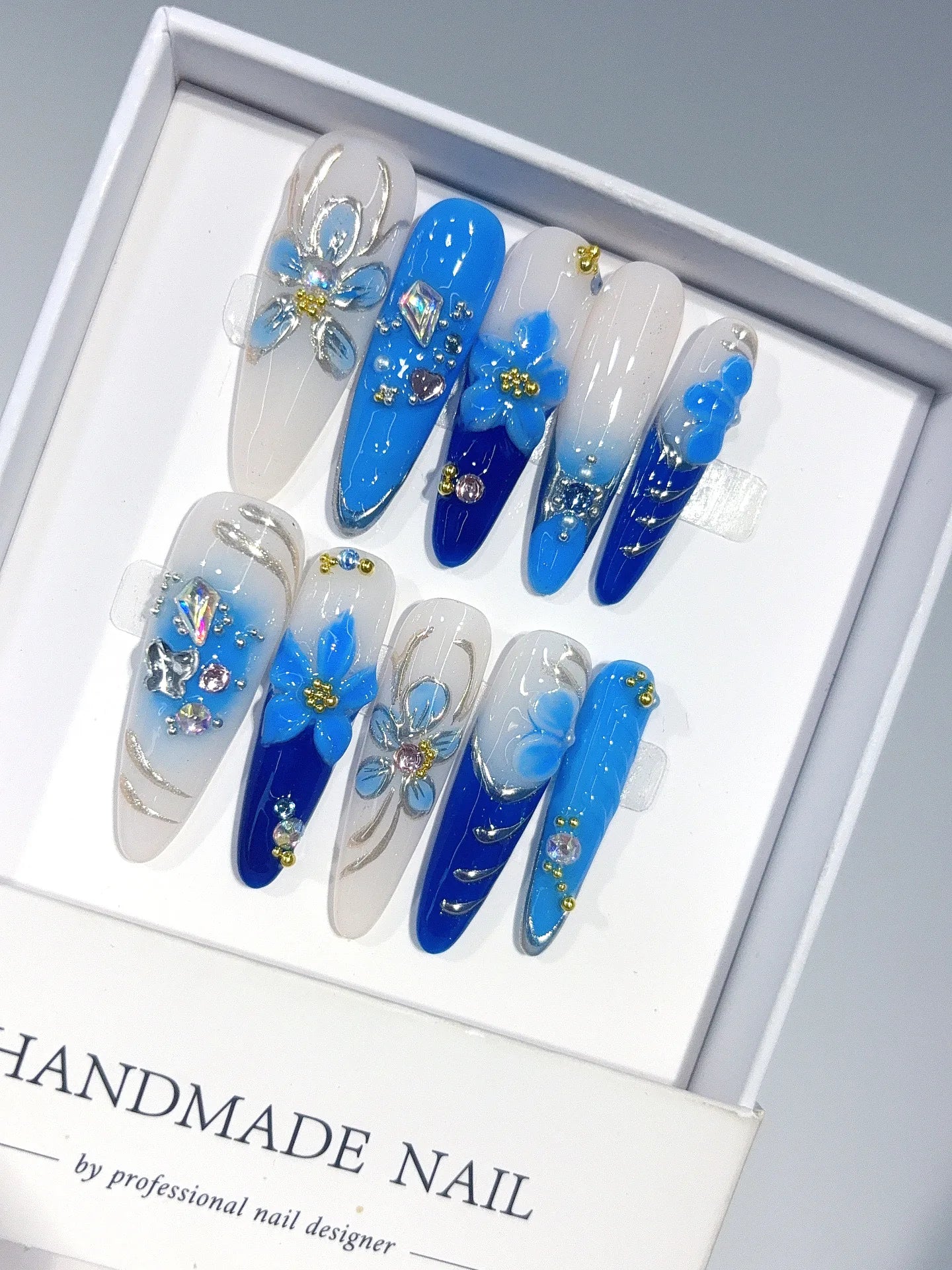 K054 - Long Blue Silver Oval Hand Painted Line 3D Flowers - view 1