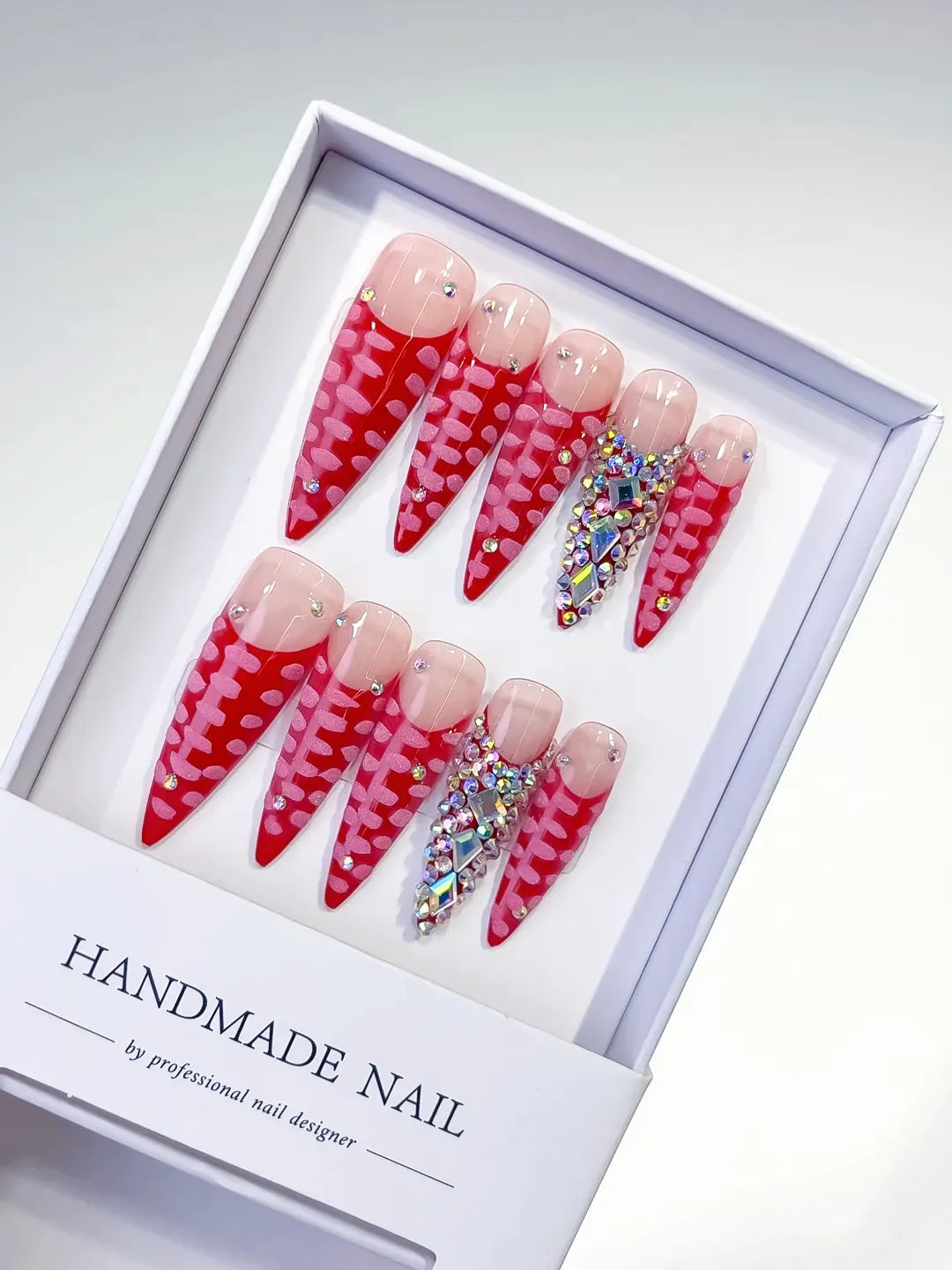 Red Pink Silver Abstract Rhinestone 3D press on nails