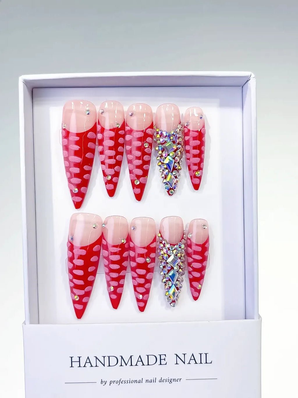 Red Pink Silver Abstract Rhinestone 3D press on nails full set view