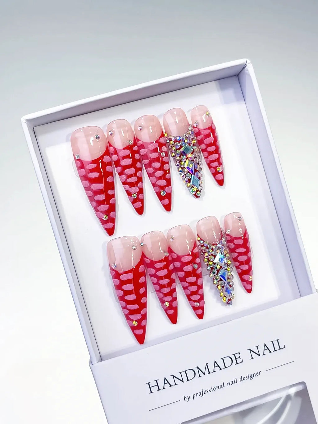 Red Pink Silver Abstract Rhinestone 3D press on nails angled view
