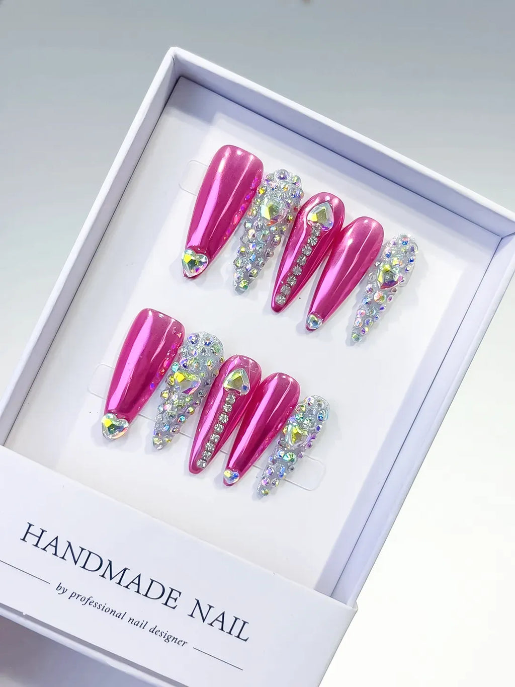 Pink Silver Metallic Rhinestone press on nails