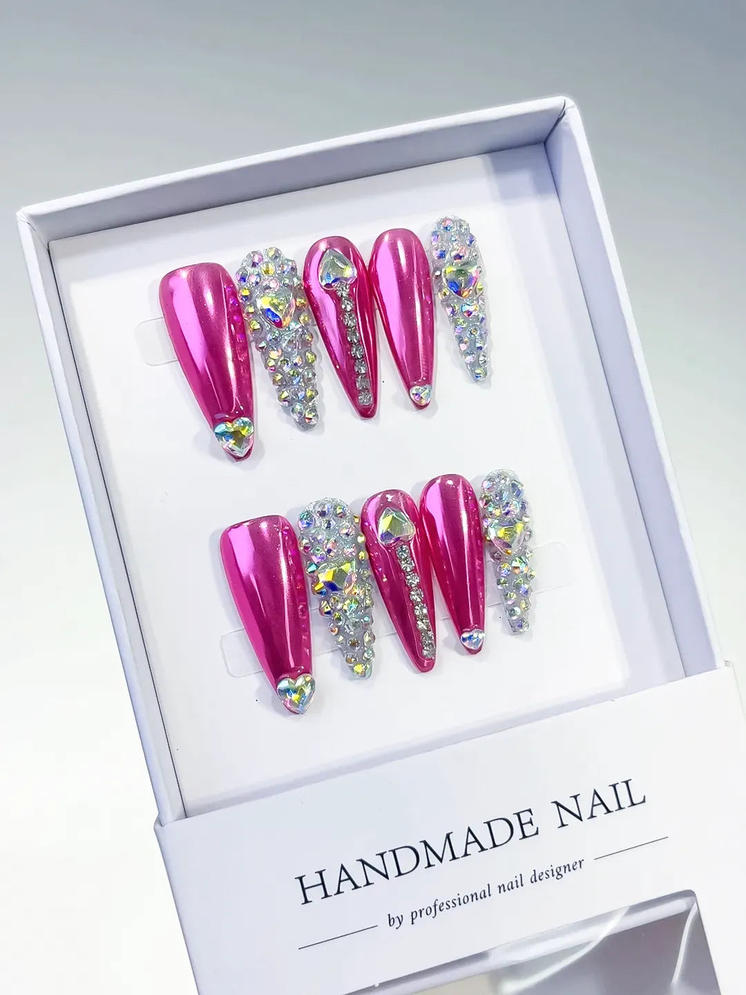 Pink Silver Metallic Rhinestone press on nails angled view