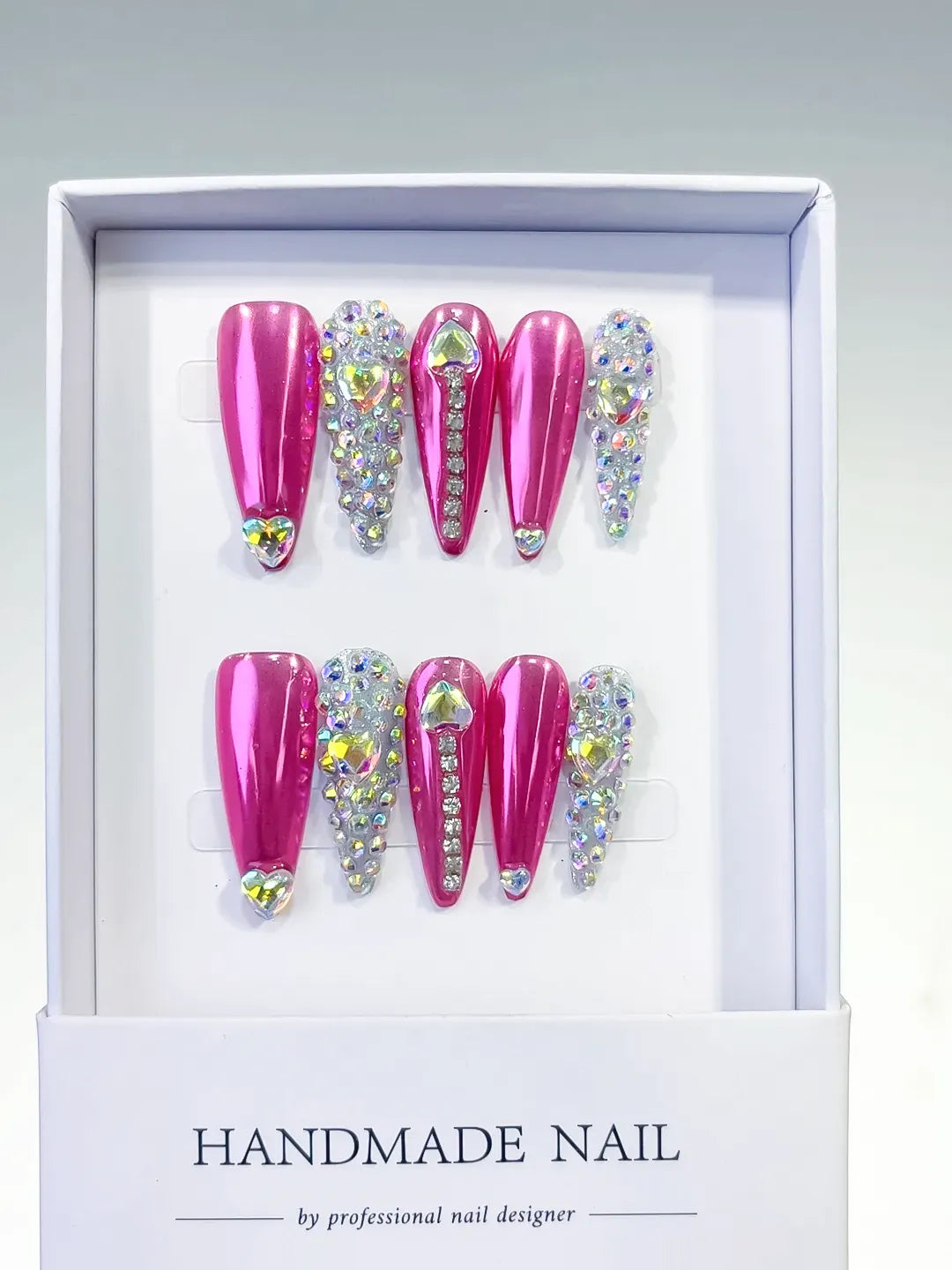 Pink Silver Metallic Rhinestone press on nails full set view