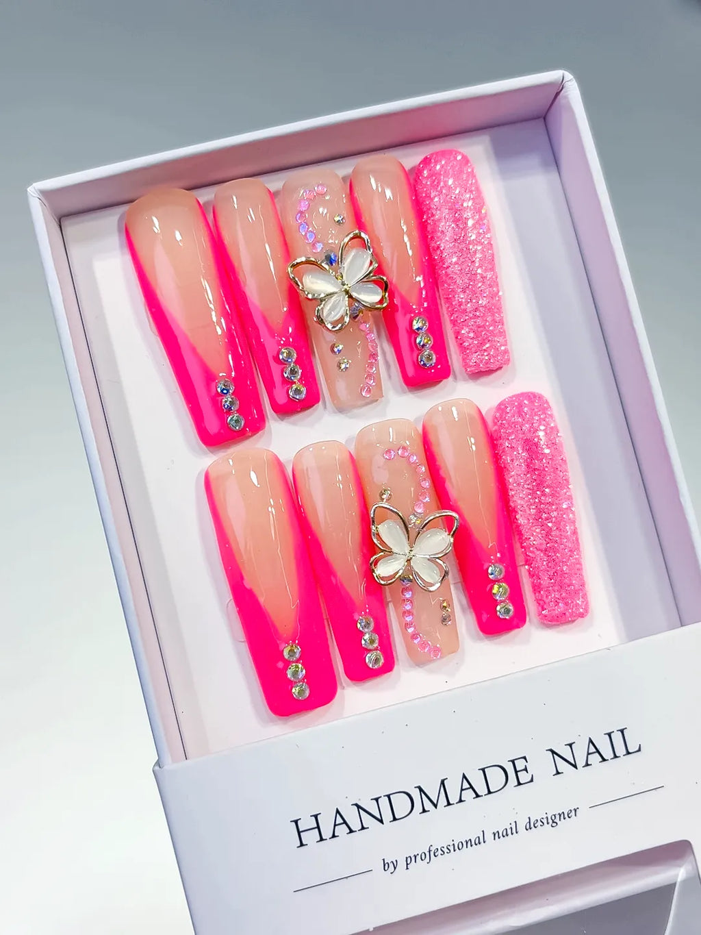 Pink Nude Silver Ombre Butterfly Rhinestone Glitter press on nails angled view