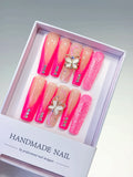 Pink Nude Silver Ombre Butterfly Rhinestone Glitter press on nails