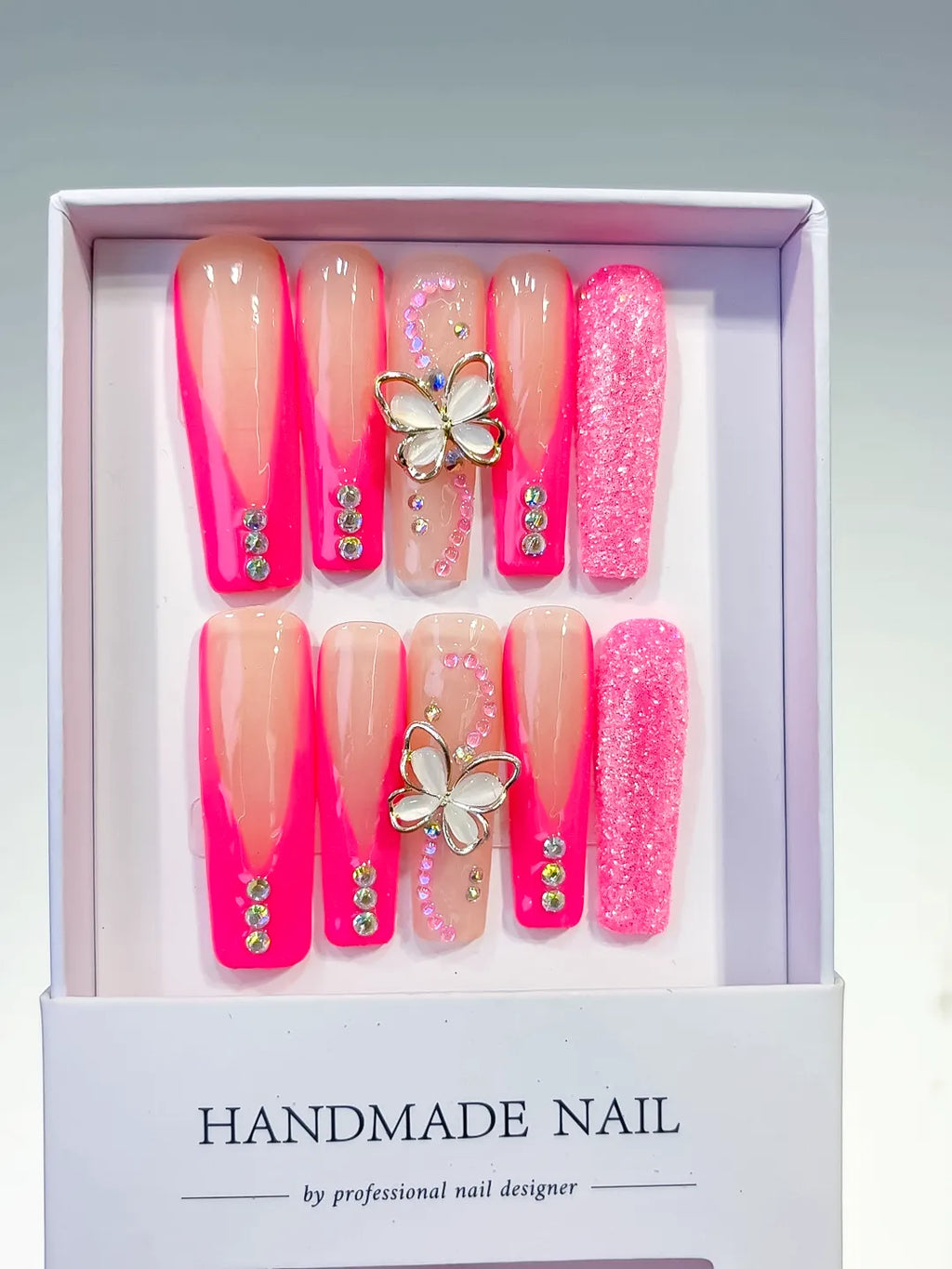 Pink Nude Silver Ombre Butterfly Rhinestone Glitter press on nails full set view