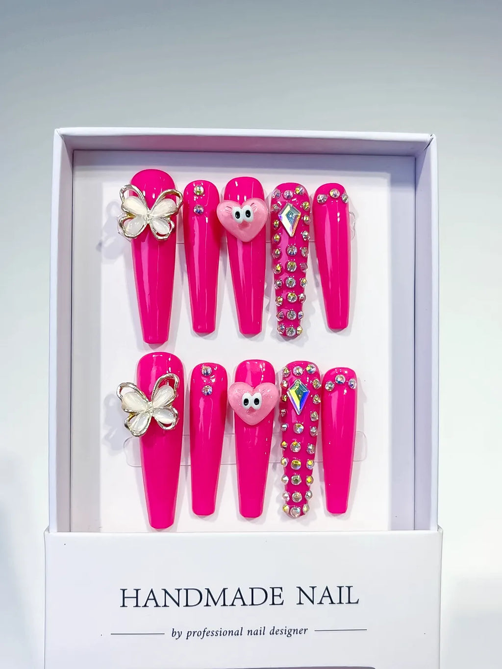 Pink Silver Solid color Heart Butterfly Rhinestone press on nails full set view