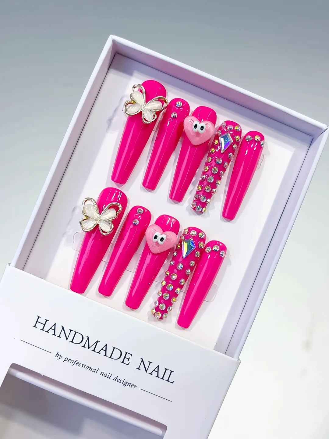 Pink Silver Solid color Heart Butterfly Rhinestone press on nails