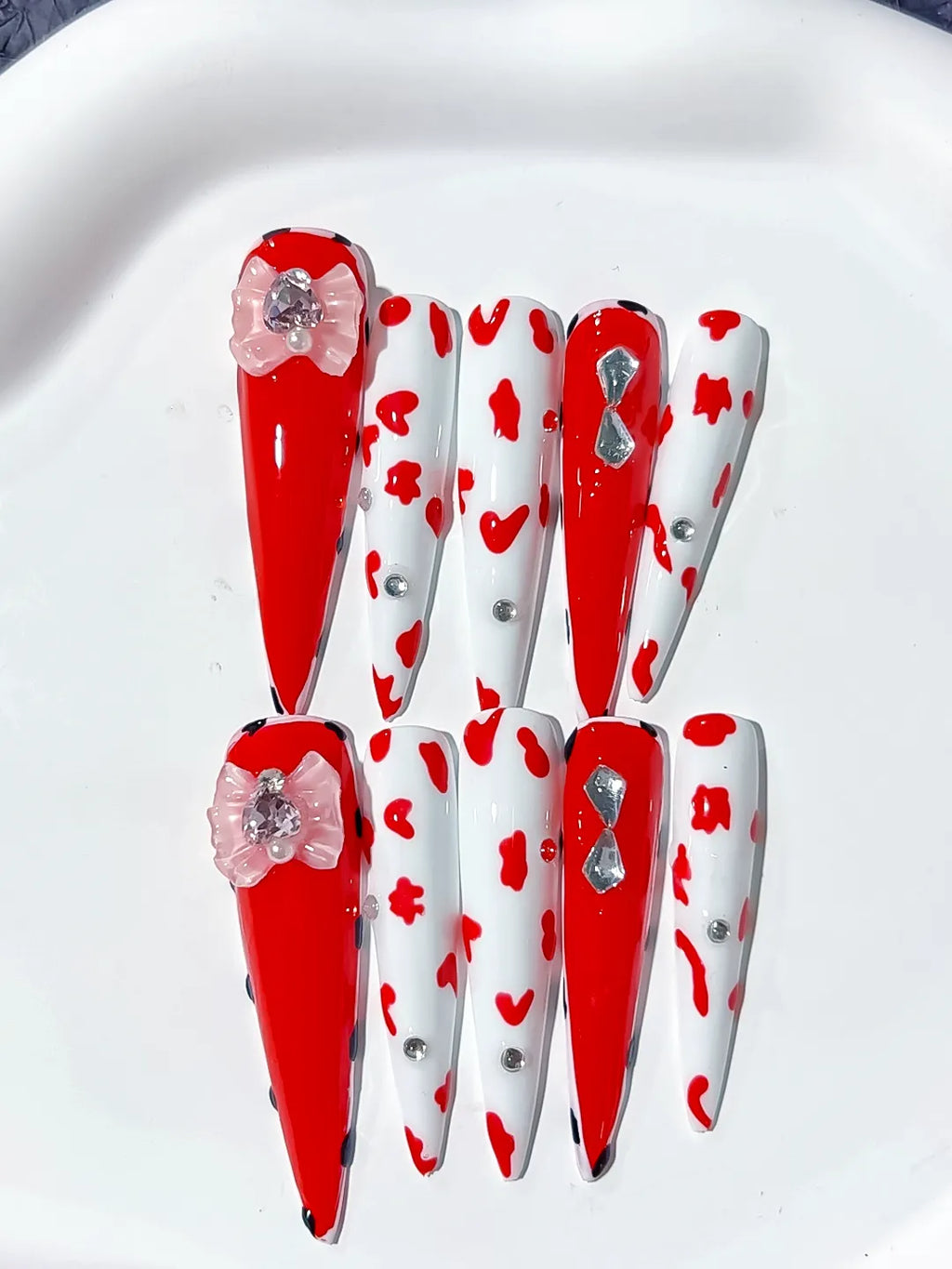Red White Silver Abstract Flower Animal Print Rhinestone press on nails close up