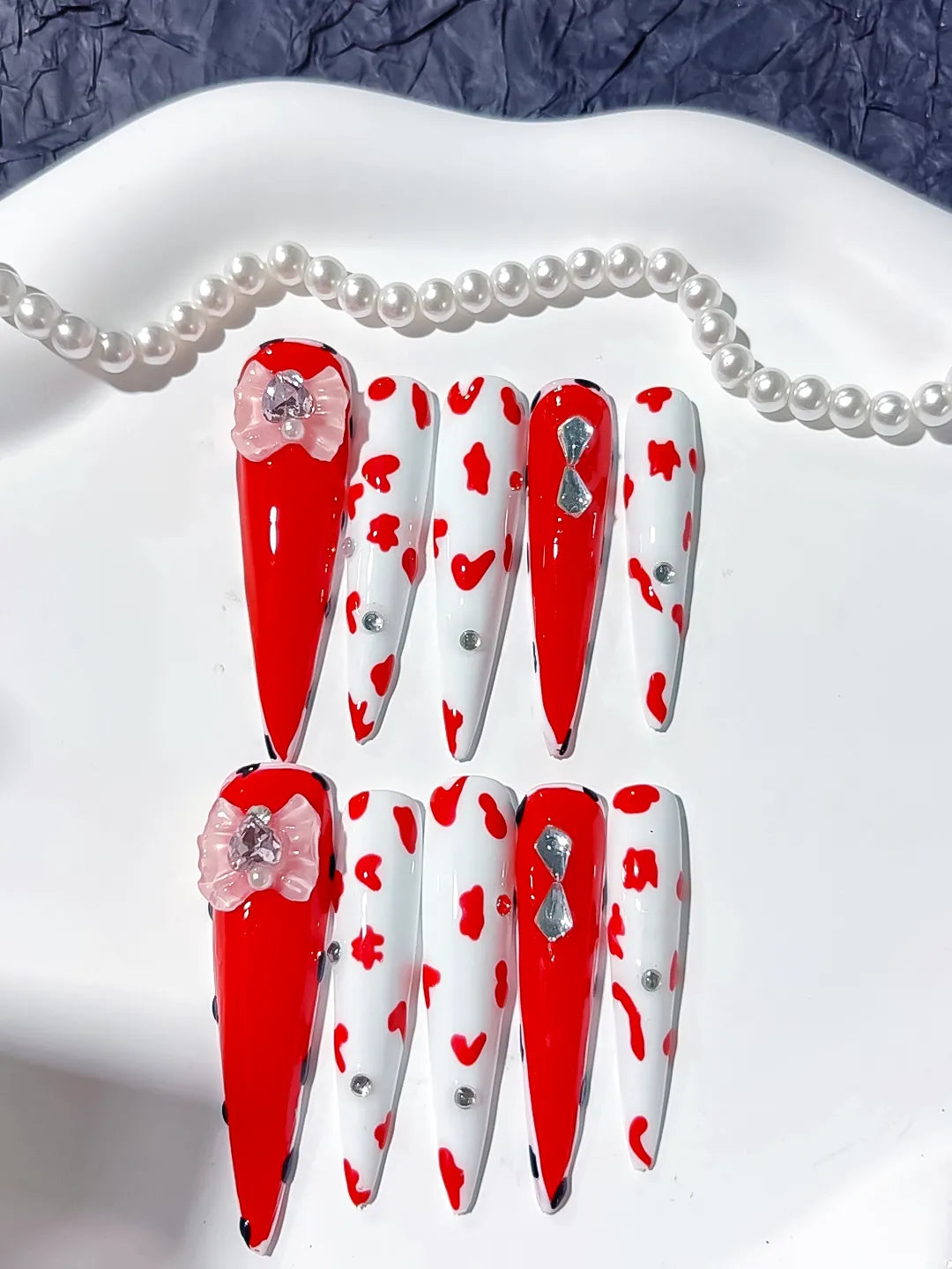 Red White Silver Abstract Flower Animal Print Rhinestone press on nails detail view