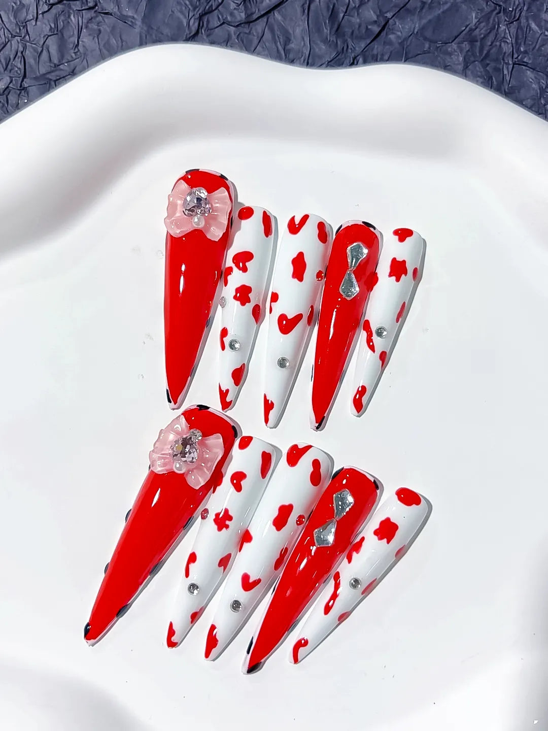 Red White Silver Abstract Flower Animal Print Rhinestone press on nails detail view