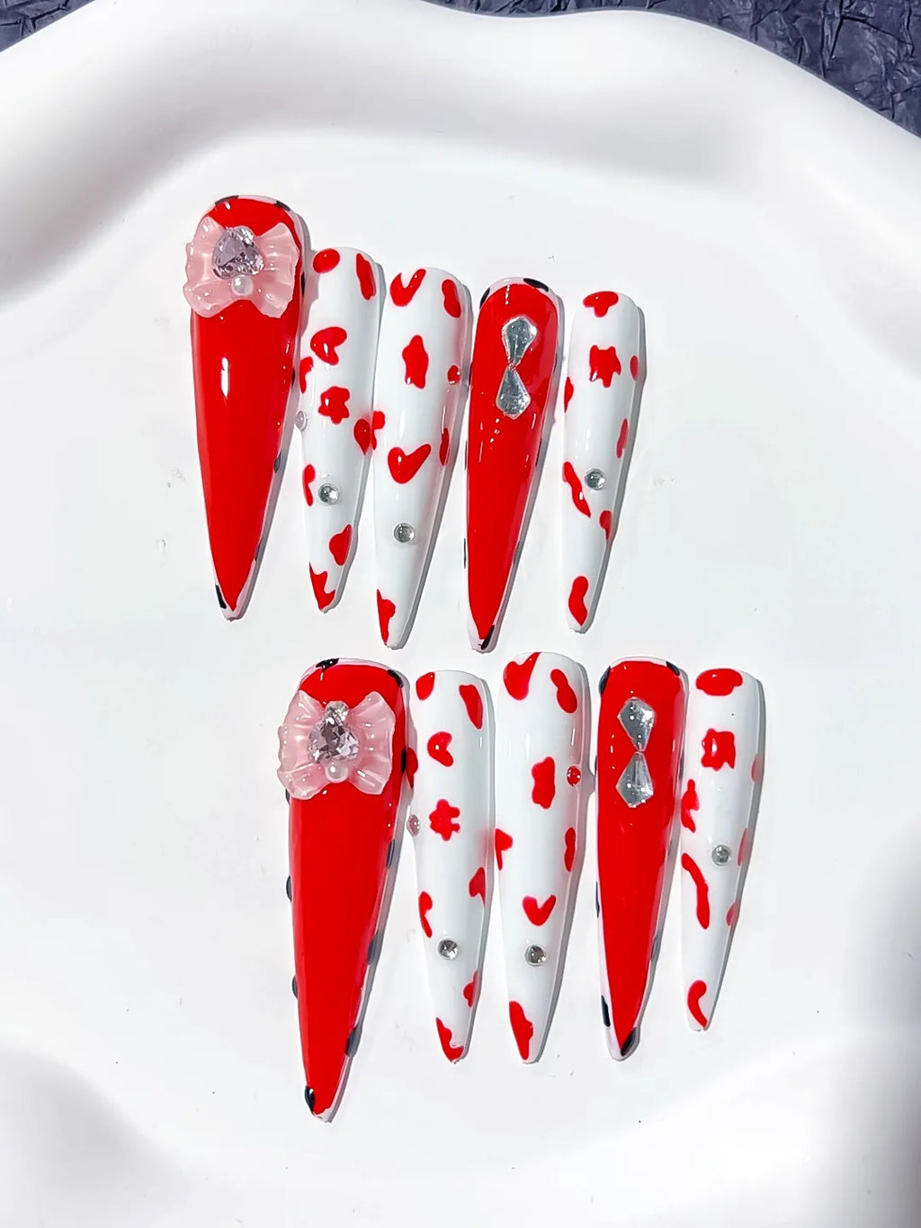Red White Silver Abstract Flower Animal Print Rhinestone press on nails detail view