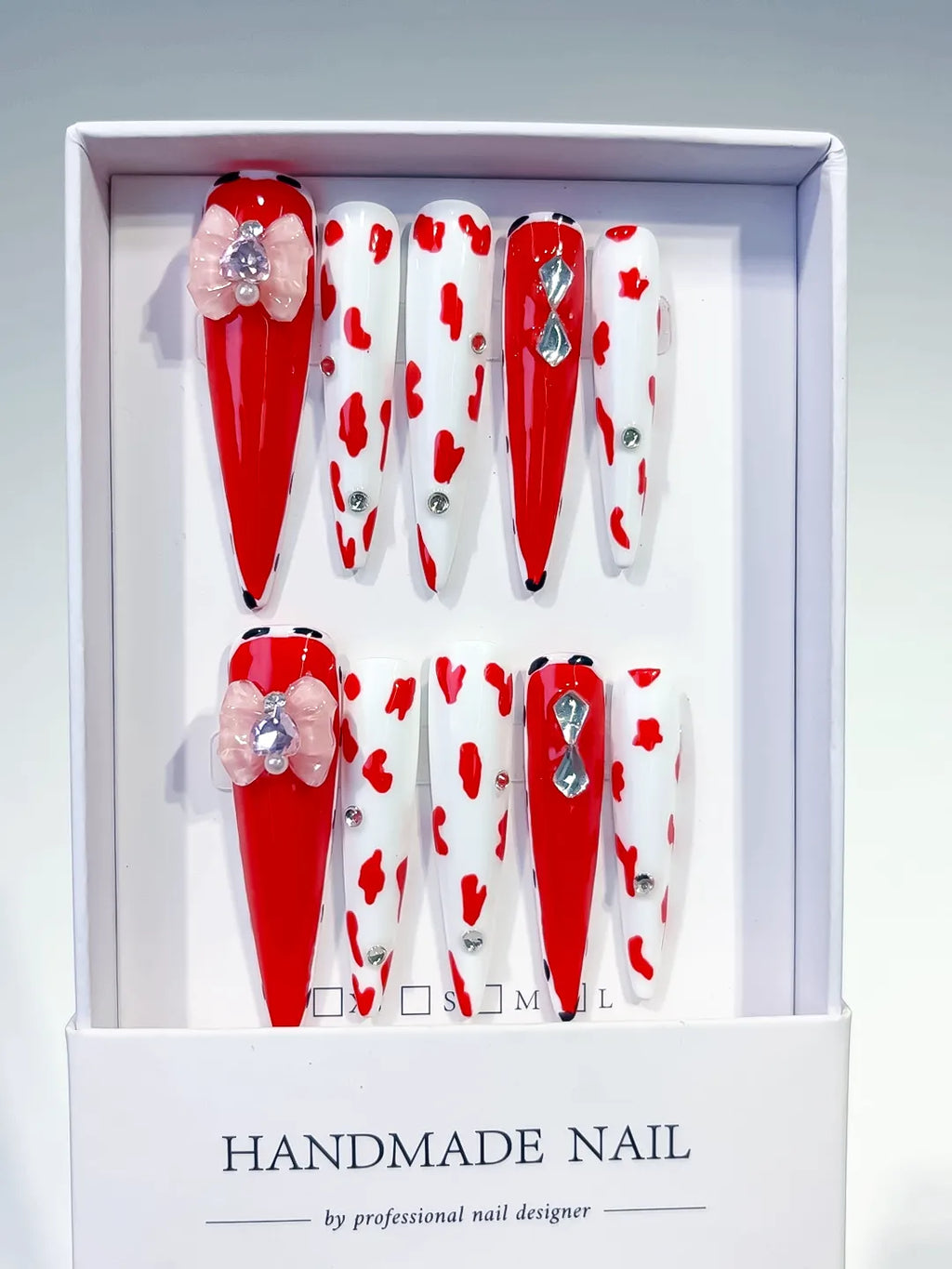 Red White Silver Abstract Flower Animal Print Rhinestone press on nails full set view