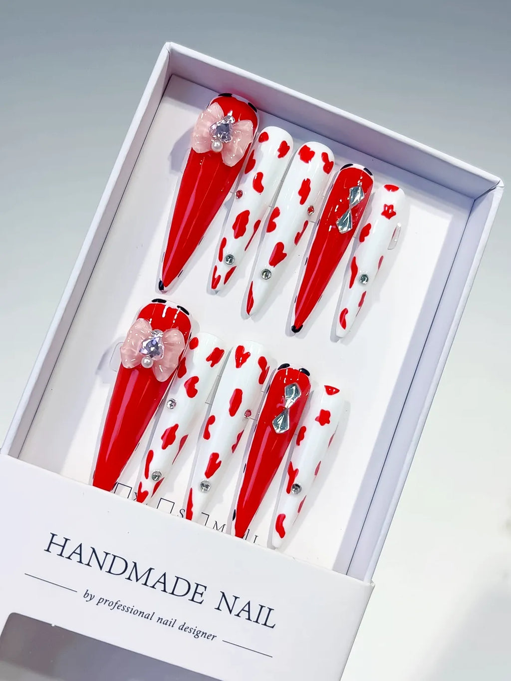 Red White Silver Abstract Flower Animal Print Rhinestone press on nails