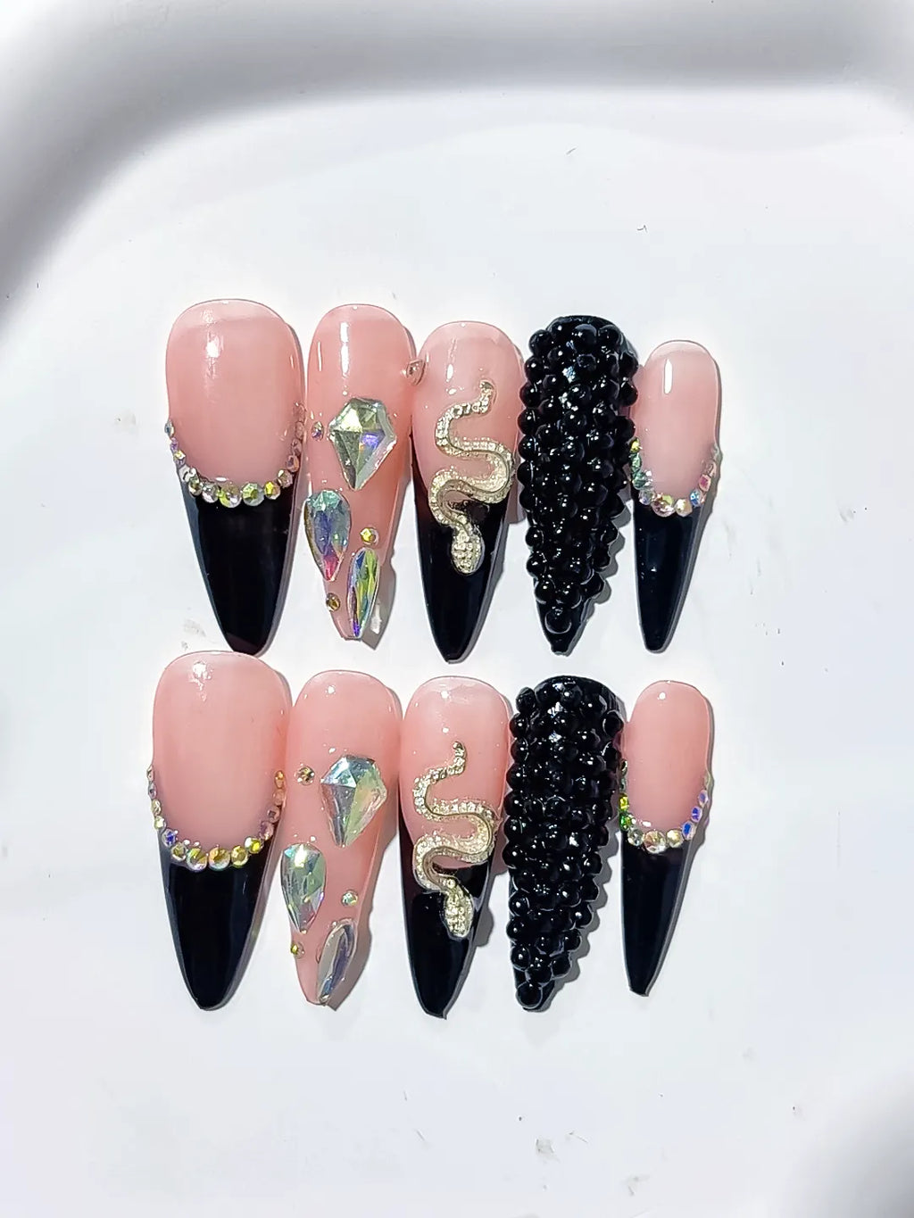 Nude Black Silver Gold French tip Rhinestone Snake press on nails close up