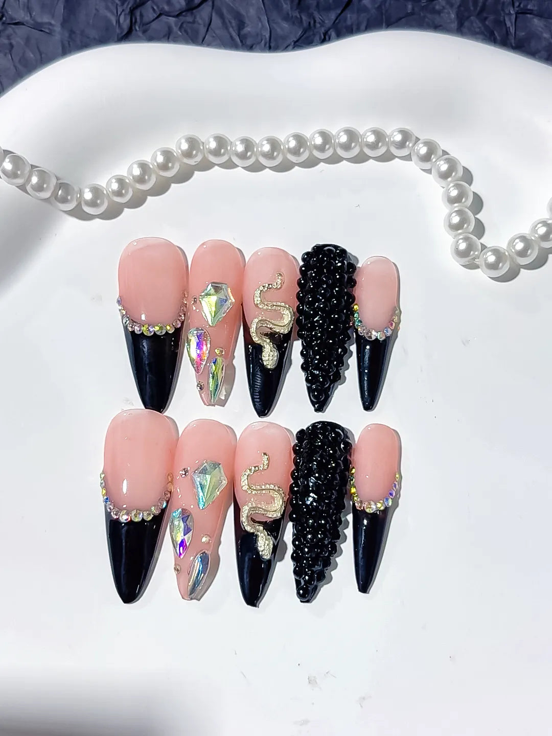 Nude Black Silver Gold French tip Rhinestone Snake press on nails detail view