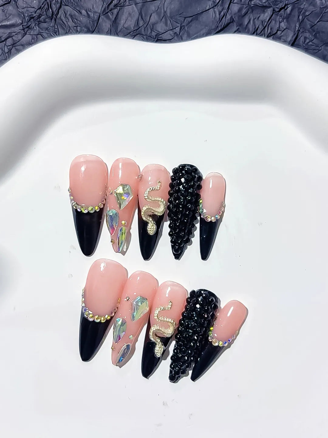 Nude Black Silver Gold French tip Rhinestone Snake press on nails detail view