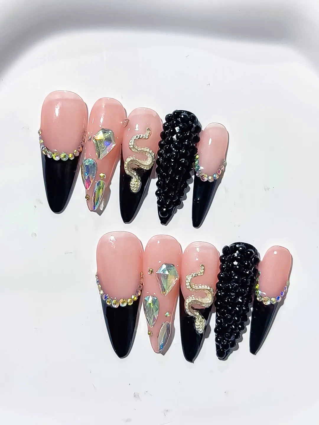 Nude Black Silver Gold French tip Rhinestone Snake press on nails detail view