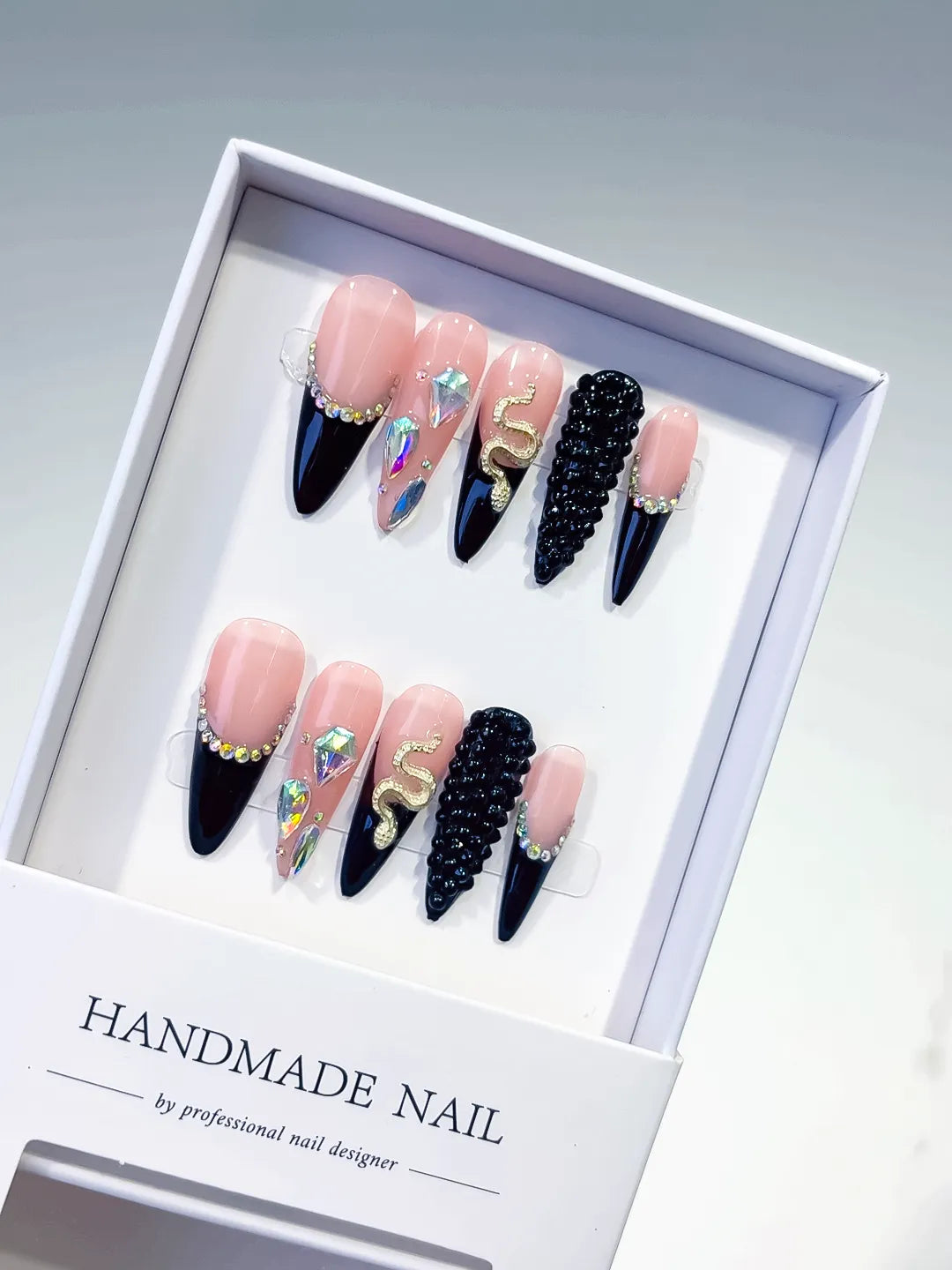 Nude Black Silver Gold French tip Rhinestone Snake press on nails