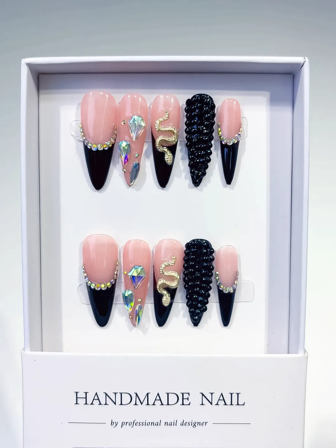 Nude Black Silver Gold French tip Rhinestone Snake press on nails full set view