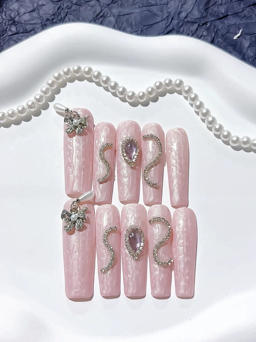 Pink Silver Holographic Flower Metallic Charm Rhinestone press on nails detail view
