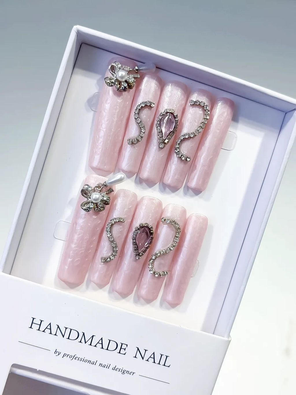 Pink Silver Holographic Flower Metallic Charm Rhinestone press on nails