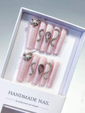 Pink Silver Holographic Flower Metallic Charm Rhinestone press on nails
