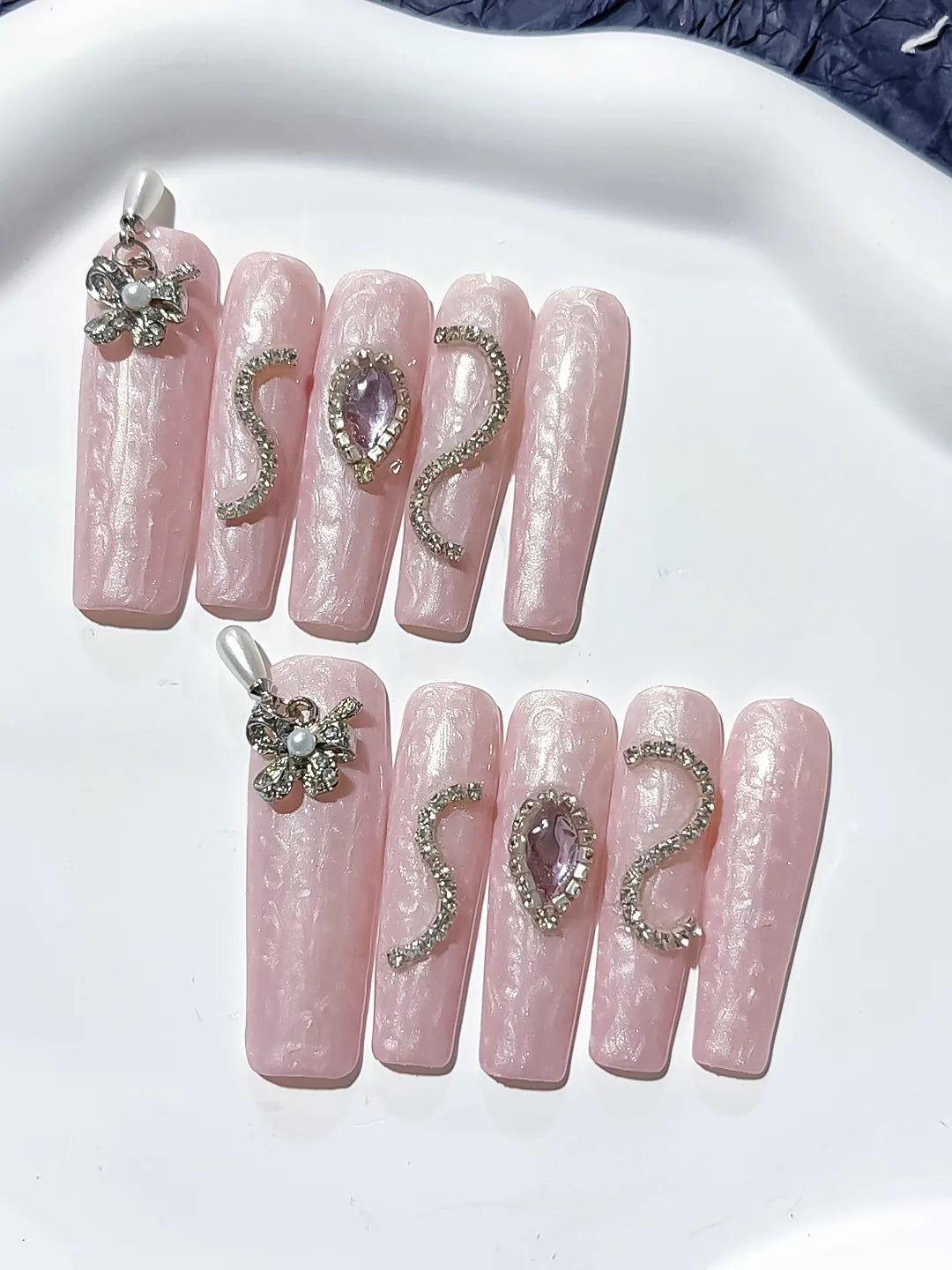 Pink Silver Holographic Flower Metallic Charm Rhinestone press on nails detail view