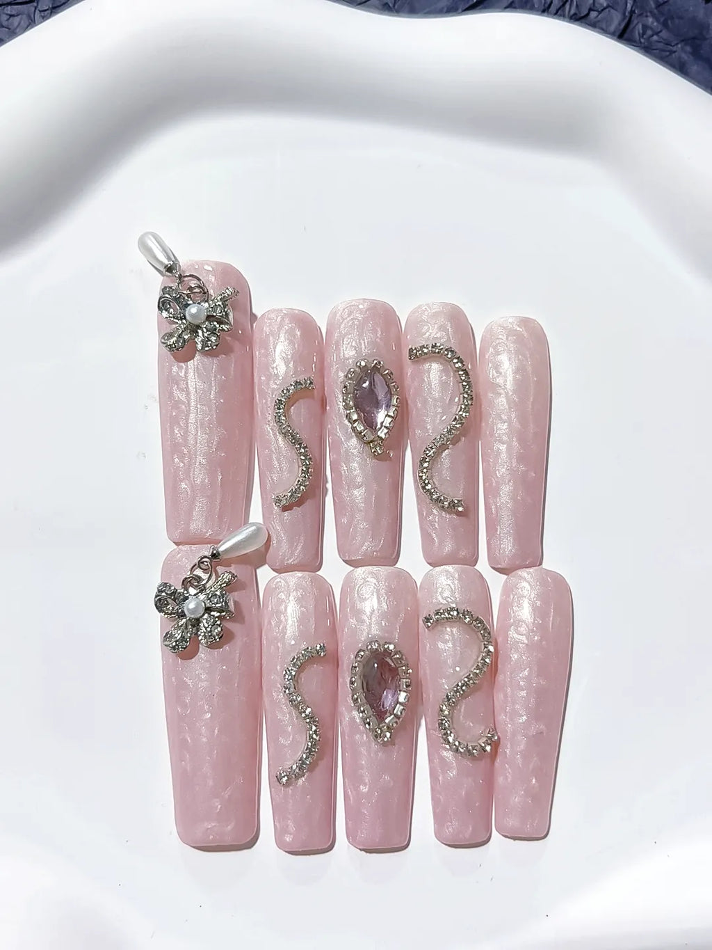 Pink Silver Holographic Flower Metallic Charm Rhinestone press on nails detail view