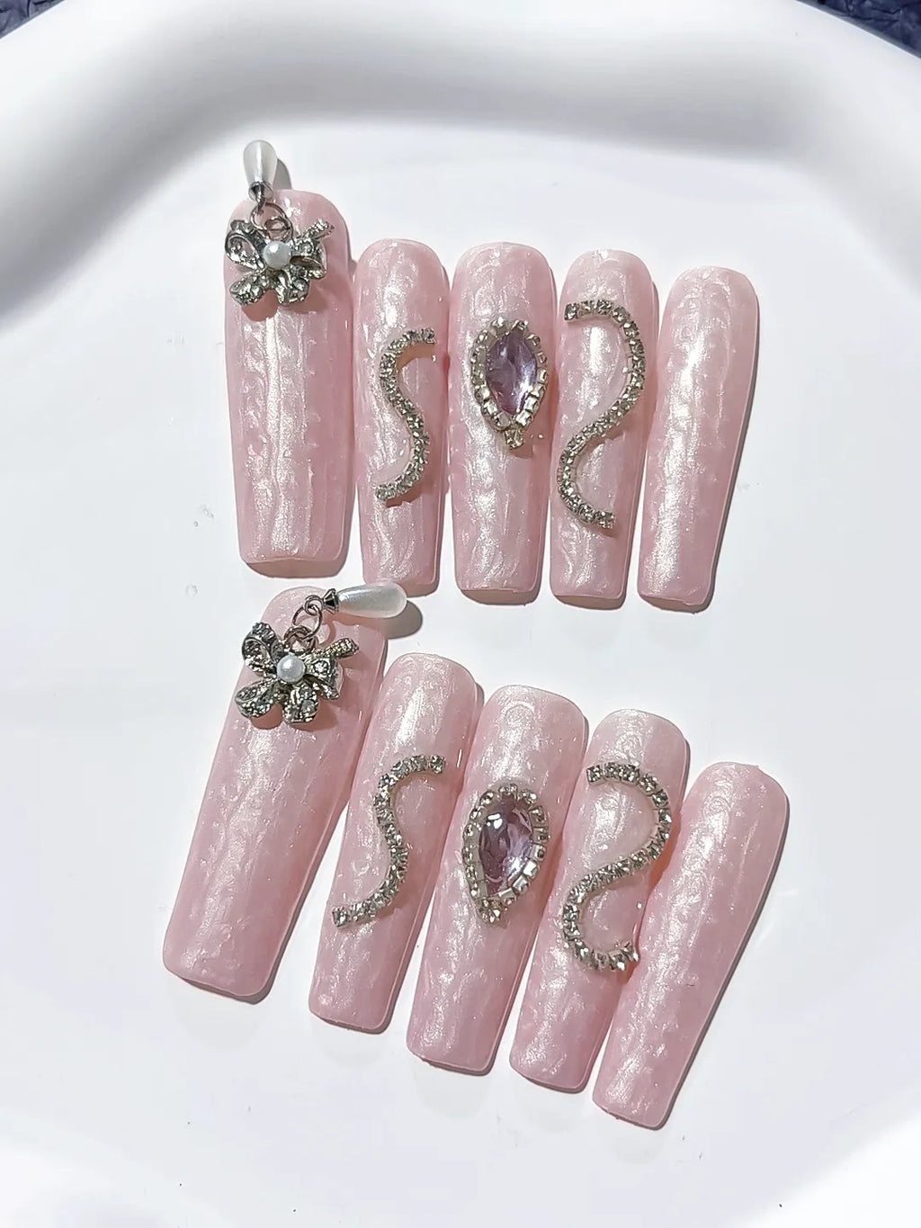 Pink Silver Holographic Flower Metallic Charm Rhinestone press on nails close up