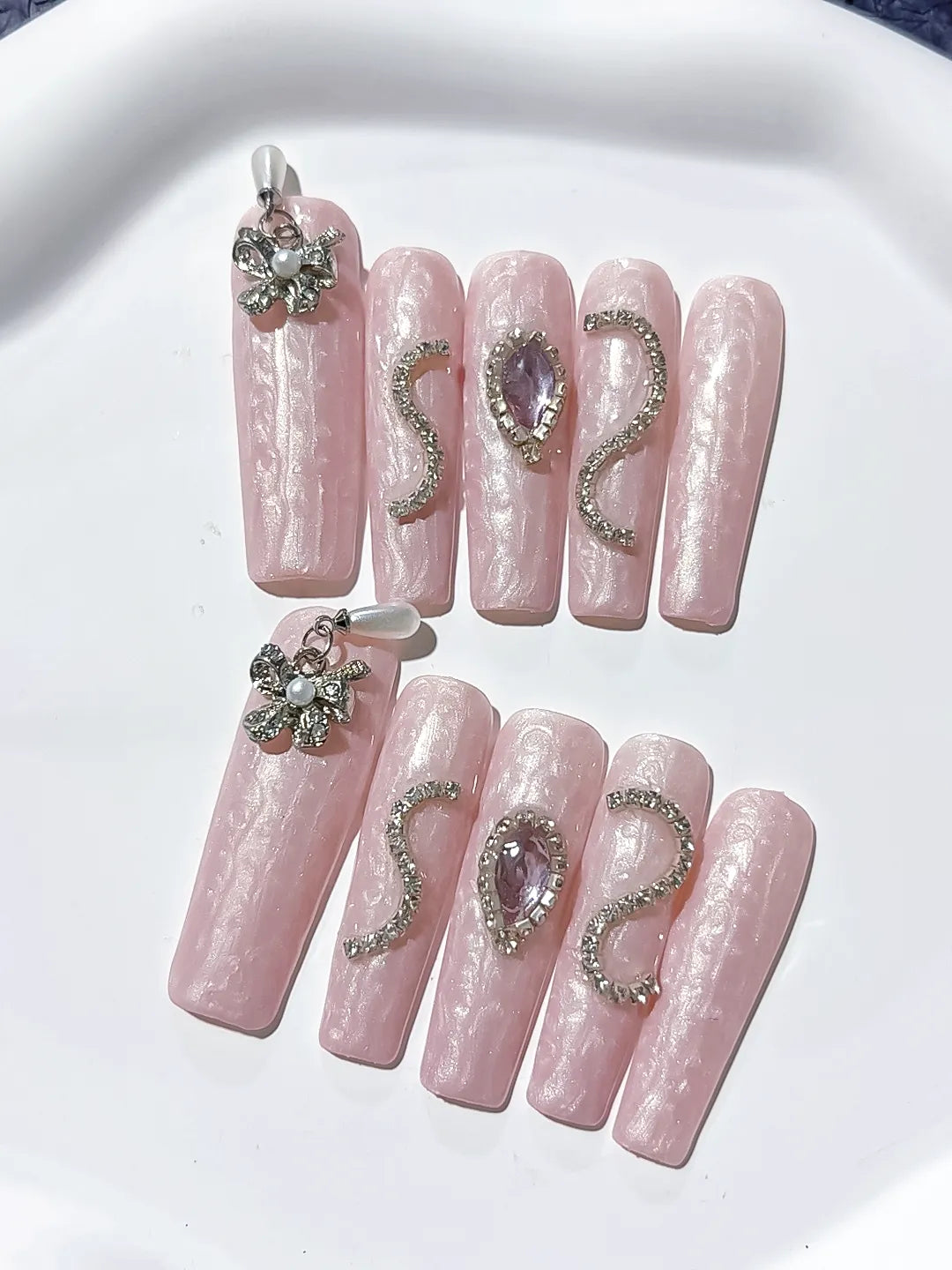 Pink Silver Holographic Flower Metallic Charm Rhinestone press on nails close up