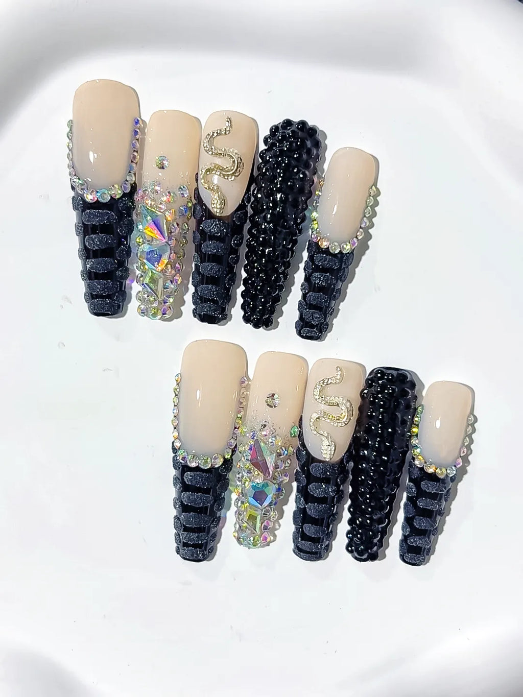 Nude Black Silver French tip Rhinestone Snake 3D press on nails close up