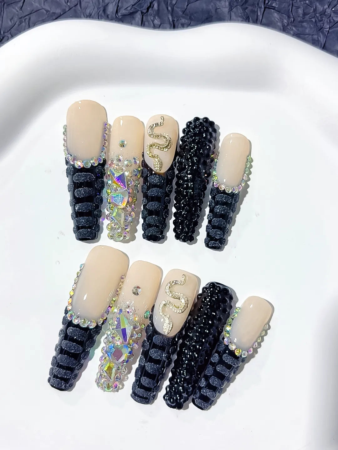 Nude Black Silver French tip Rhinestone Snake 3D press on nails detail view