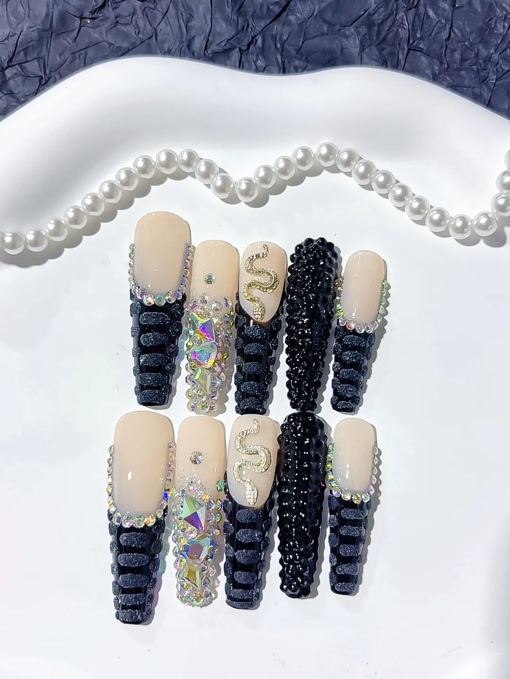 Nude Black Silver French tip Rhinestone Snake 3D press on nails detail view