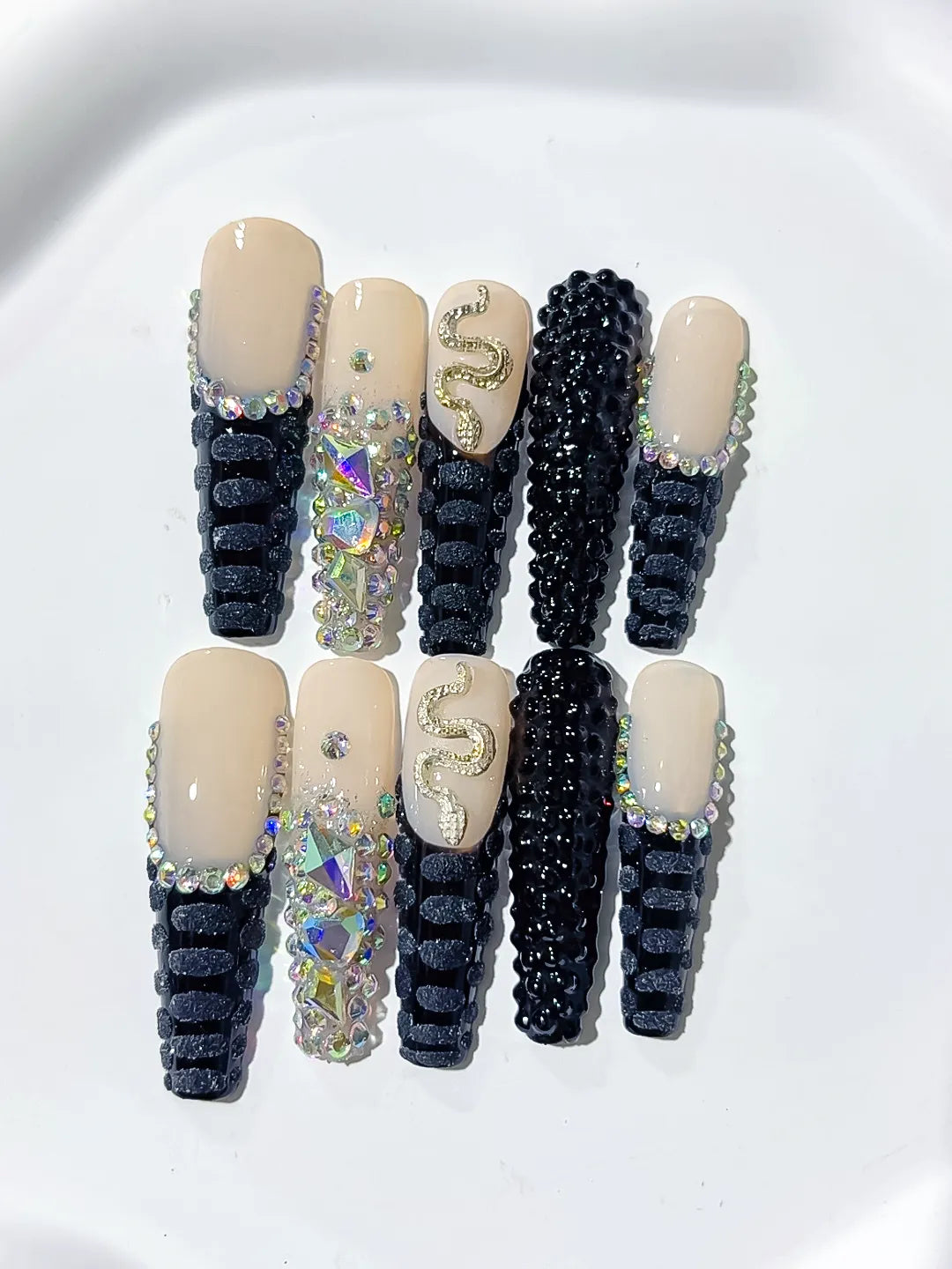 Nude Black Silver French tip Rhinestone Snake 3D press on nails detail view