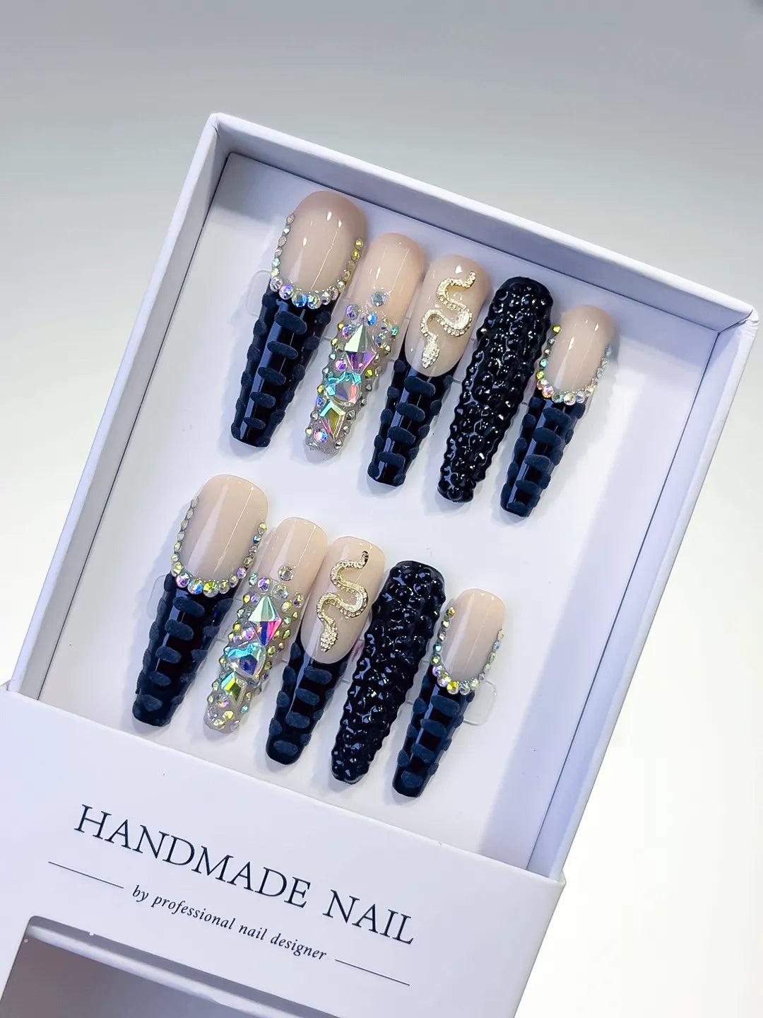 Nude Black Silver French tip Rhinestone Snake 3D press on nails