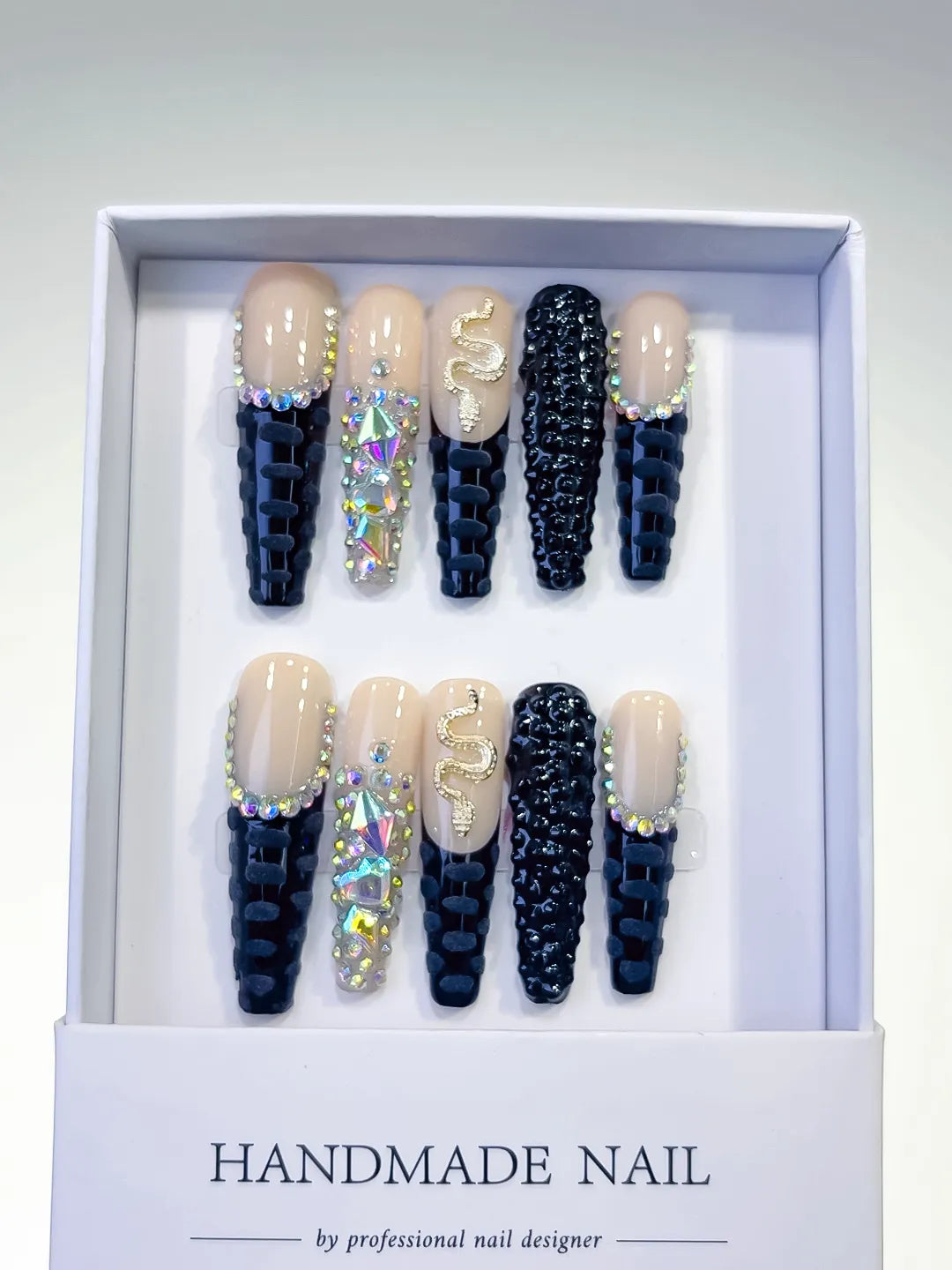 Nude Black Silver French tip Rhinestone Snake 3D press on nails full set view