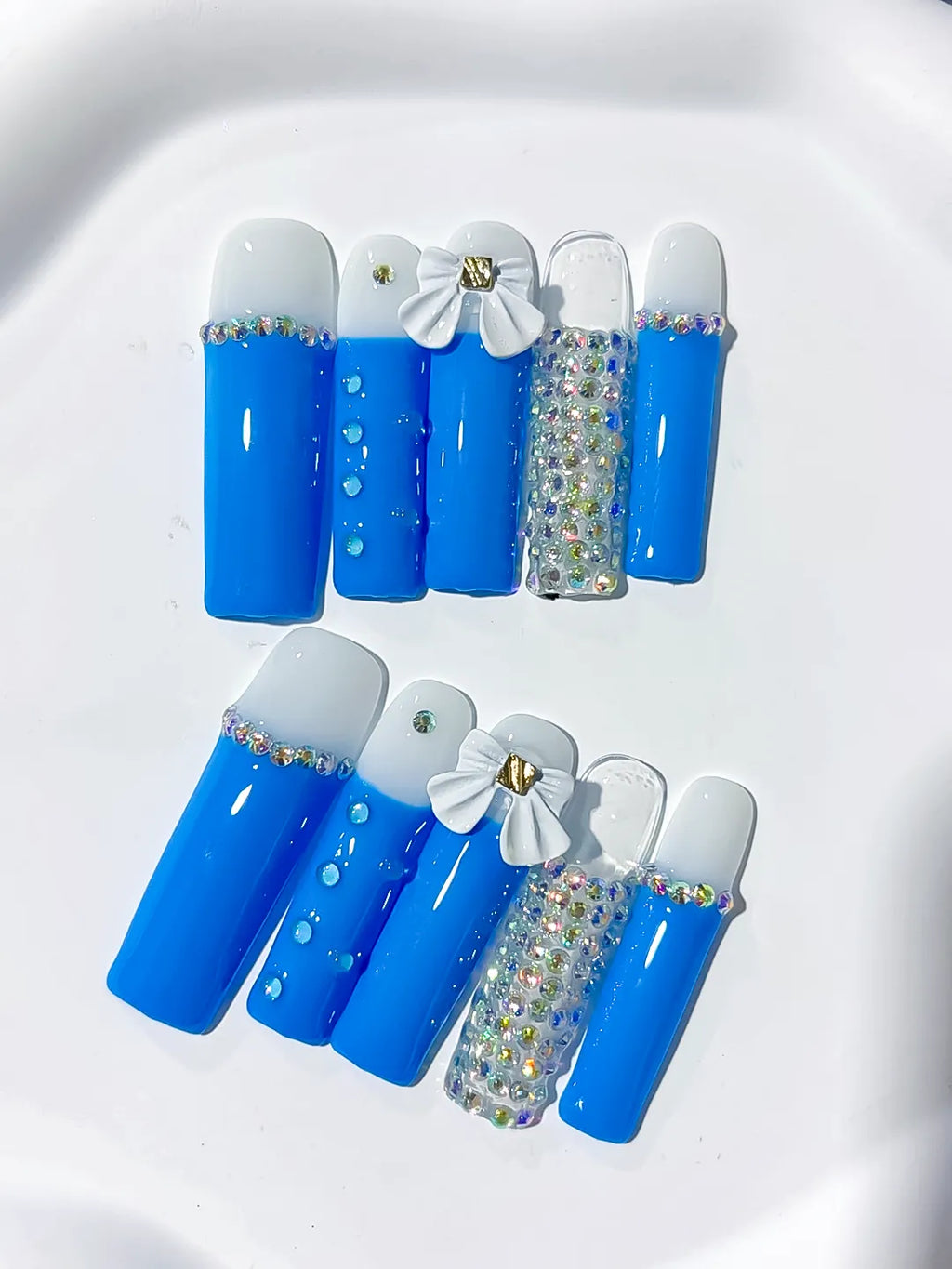 Blue White Silver Solid color Bow Rhinestone press on nails close up