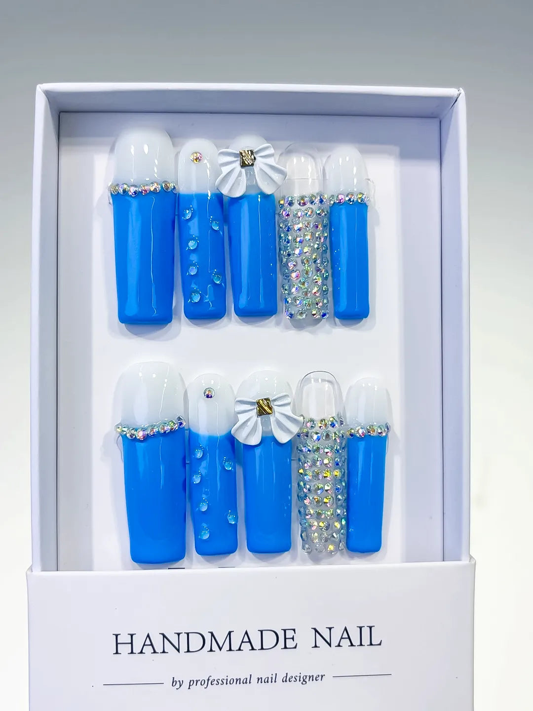 Blue White Silver Solid color Bow Rhinestone press on nails full set view